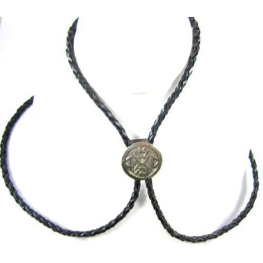 Vintage Bolo Tie Southwest Design Pendant Black Braided Leather‎ Necklace